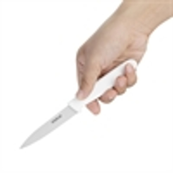 A hand holding  Hygiplass Paring Knife White colour 3 inch.