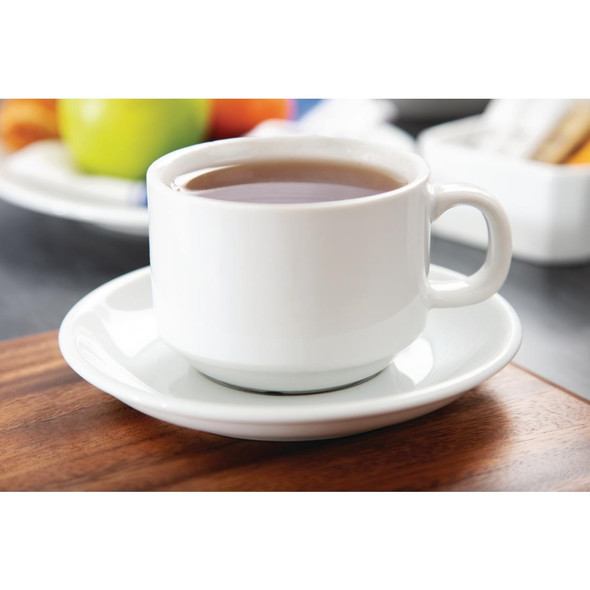 Olympia Athena Stacking Cups 7oz with content placed in a saucer.