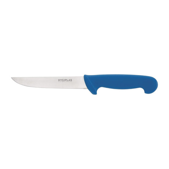 Full shot of Hygiplas Stiff Blade Boning Knife Blue 15cm.