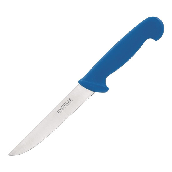 Side view of Hygiplas Stiff Blade Boning Knife Blue 15cm.