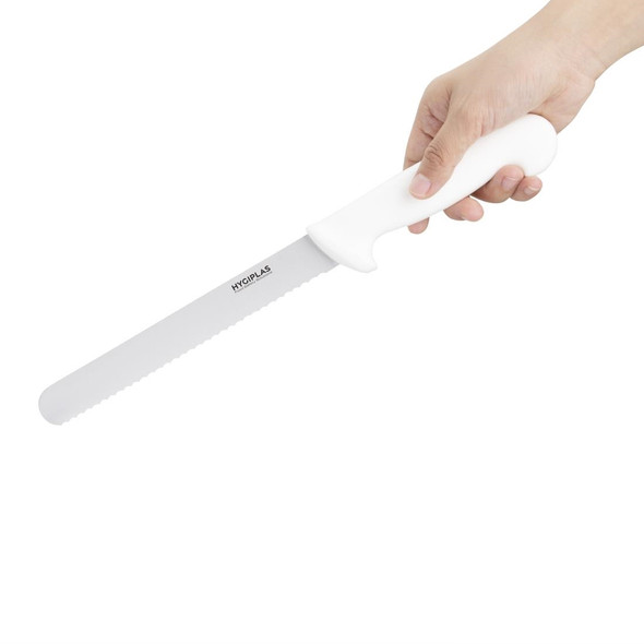 Hand holding Hygiplas Bread Knife White 20.5cm.
