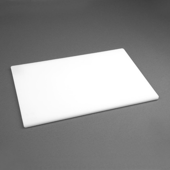 Side view of Hygiplas Low Density White Chopping Board Standard in gray background.