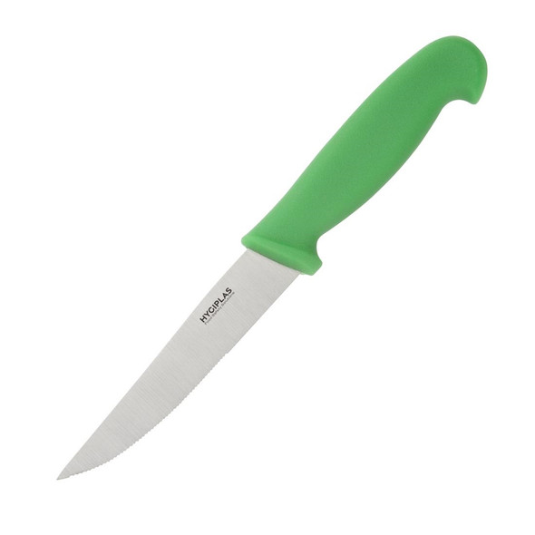 Side shot of Hygiplas Serrated Vegetable Knife Green 10cm.