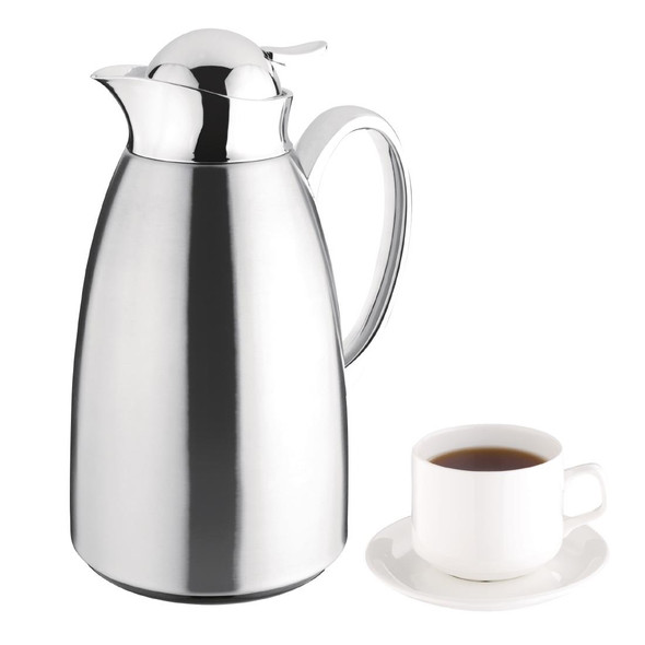 Olympia Vacuum Insulated Jug 1Ltr with a cup of coffee and saucer.