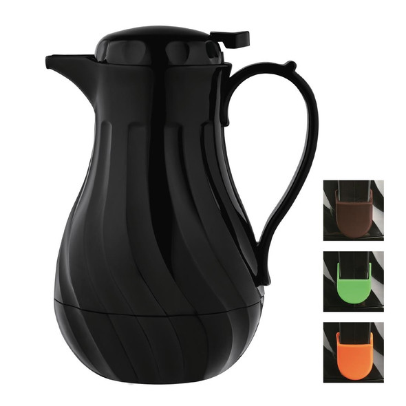Olympia Insulated Swirl Jug Black 2Ltr with brown, green, and orange clips.