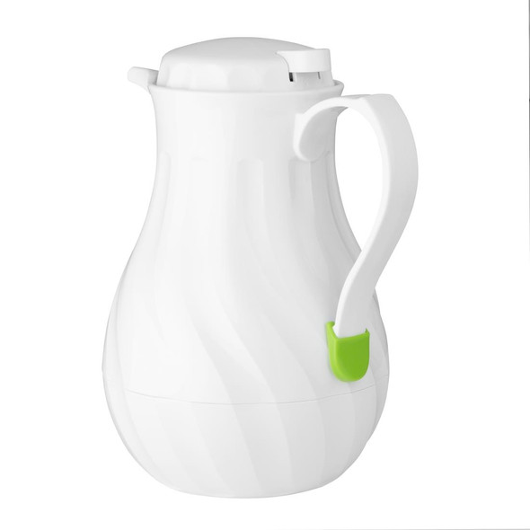 Olympia Insulated Swirl Jug White 2Ltr with green clip.