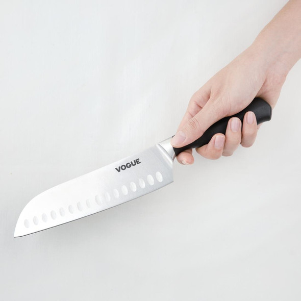 Vogue Soft Grip Santoku Knife 18cm in hand.