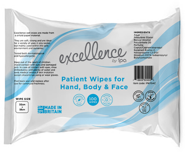 100 Pack Excellence Patient Wet Wipes for Hand Body and Face