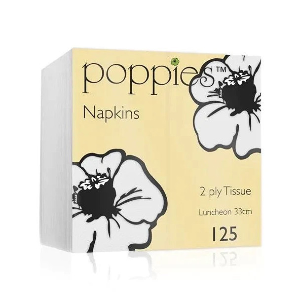 Poppies Napkin 2ply 4 Fold White 33cm 2000 Pack