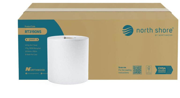 North Shore 1 Ply White Recycled Roll Towel 6 Pack