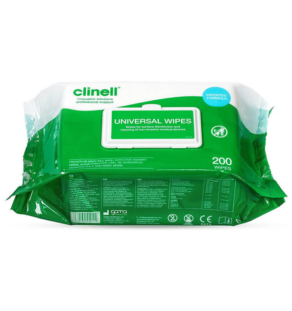 Clinell Green Universal Wipes 200pk packaging side