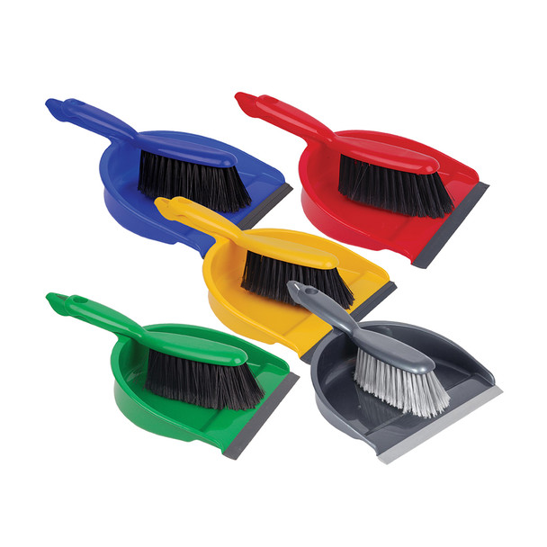 Blue Red Green Grey and Yellow Dustpan and Brushes next to each other