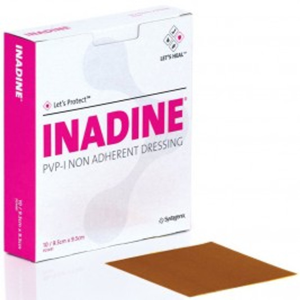 A box and sample of 9.5 x 9.5cm Inadine PVP Dressing