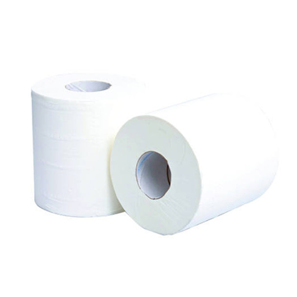 two rolls of 2 Ply White Mini Centrefeed 120m