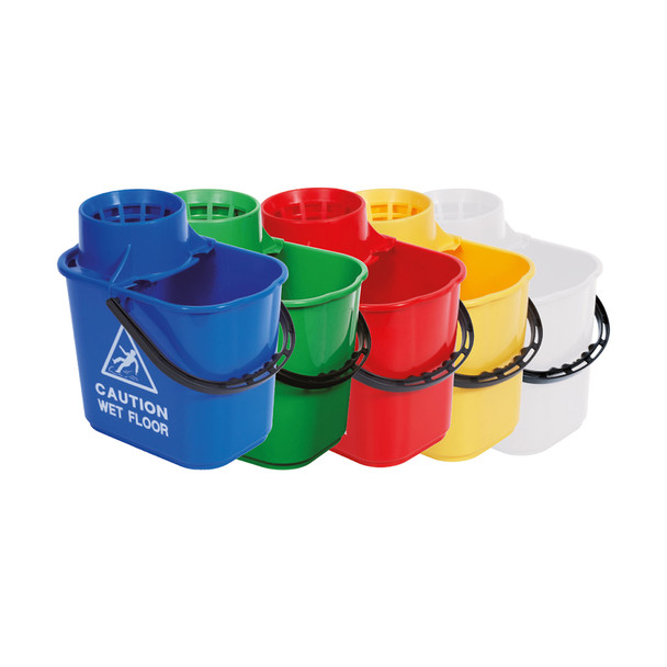 Group of Blue Green Red Yellow and White Plastic Mop Buckets
