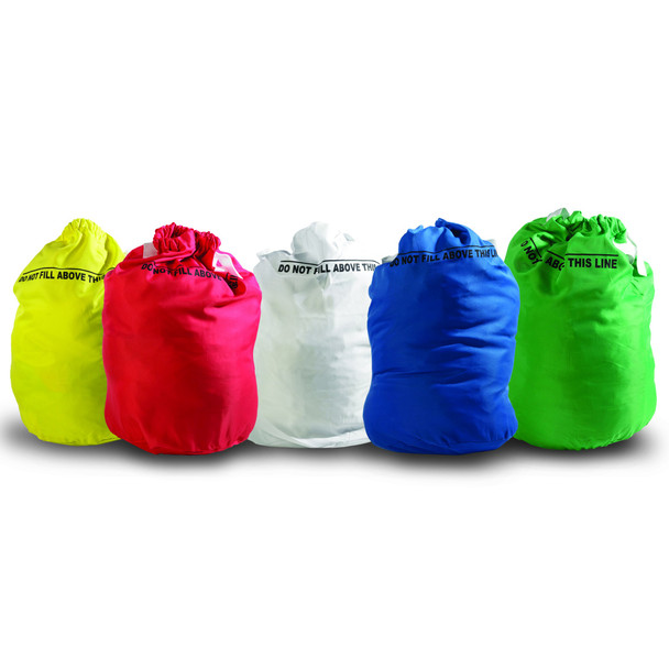 Group of Yellow Red White Blue and Green Safeknot Laundry Bags