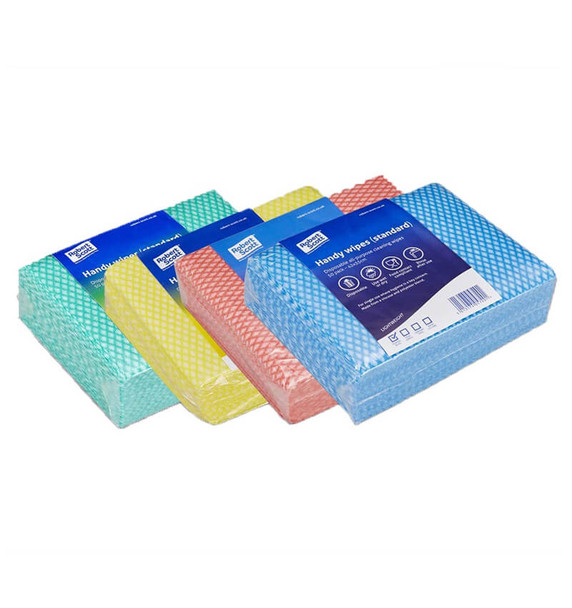 Group of Blue Red Yellow and Green Disposable Wipe Cloths