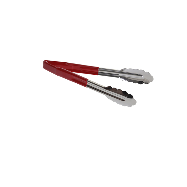 Side shot of Red Stainless Steel Serving Tongs.