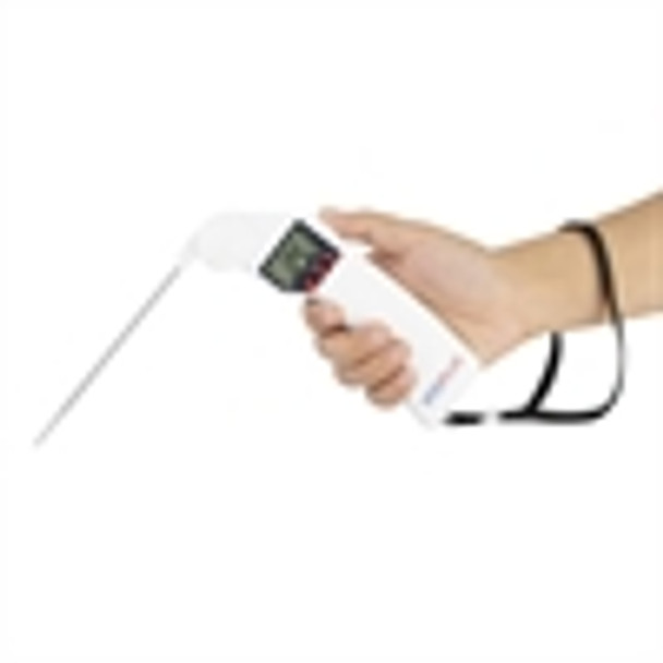 A hand holding Hygiplass Easytemp Colour Coded White Thermometer.