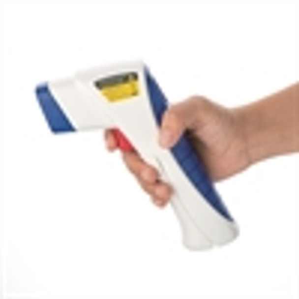A hand holding Hygiplass Infrared Thermometer.