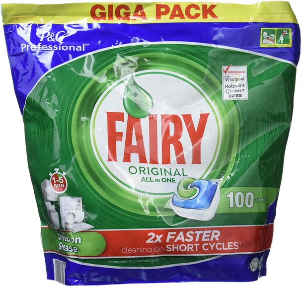 Full shot of Fairy Professional All In One Original Dishwasher Tablets 100 Tablets.
