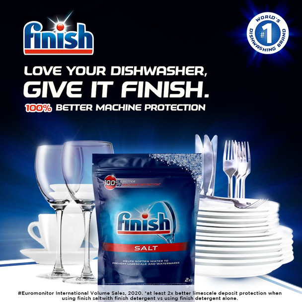 Finish Dishwasher Salt 2Kg with glasses, spoons and forks, plates, cups and saucers, etc.