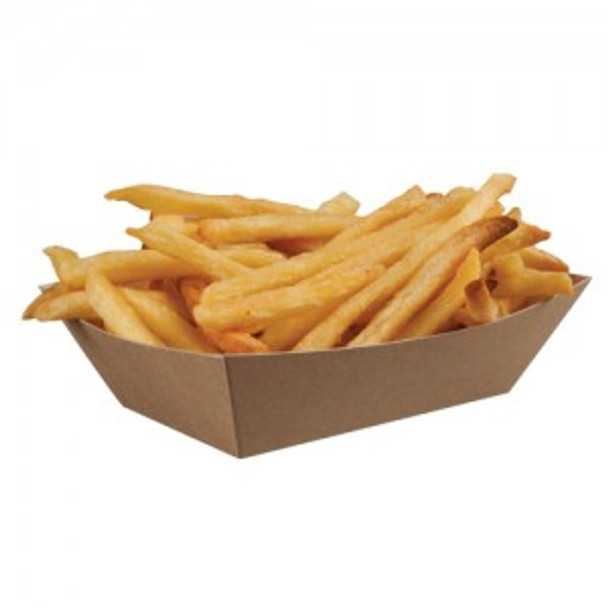 Full shot of Colpac Compostable Kraft Rectangle Food Tray 220 x 115 x 45mm with fries.