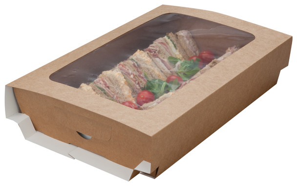 Full shot of Colpac Kraft Medium Platter Sleeve With Window 402 x 260 x 82.5mm.