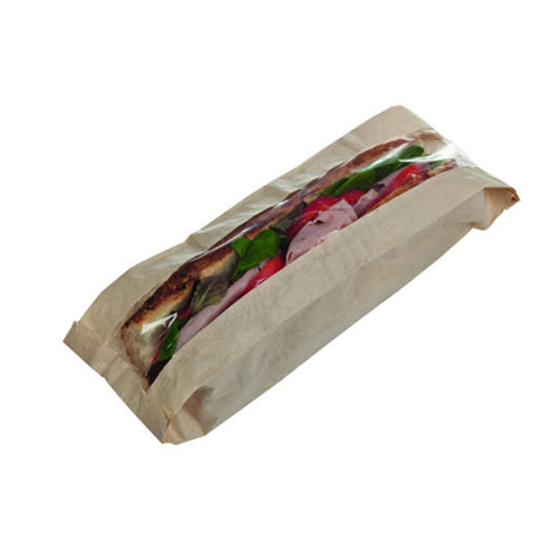 Side shot of Colpac 300mm/12 Inches Kraft Baguette Bag with content.