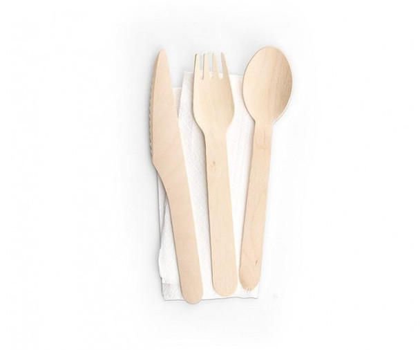 4 In 1 Wrapped Wooden Cutlery Pack Including Knife Fork Spoon Napkin