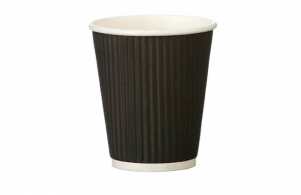 Full shot of 8 oz Disposable Black Ripple Wall Coffee Cups.