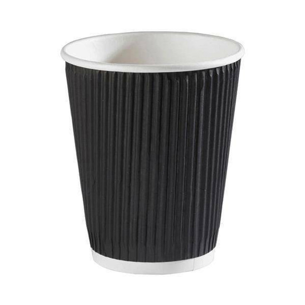 Full shot of 12 oz Disposable Black Ripple Wall Coffee Cups.