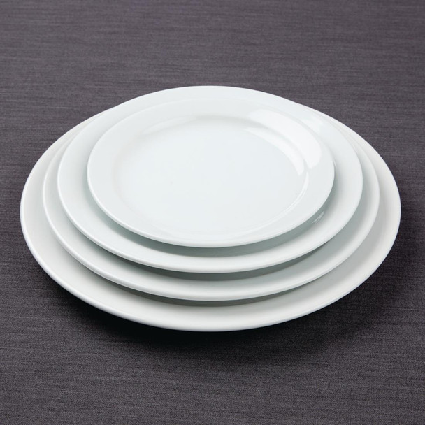 Olympia Athena Narrow Rimmed Plates 254mm  stack together with other plates.