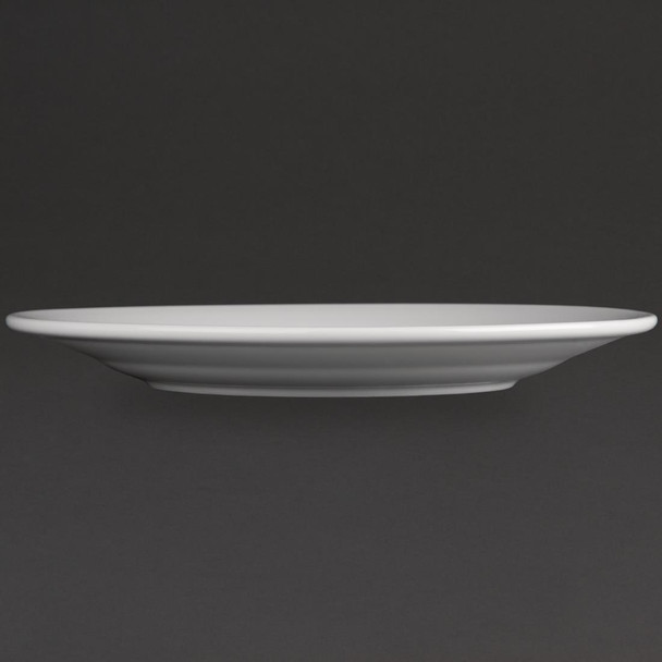 Side view of Olympia Athena Wide Rimmed Plates 228mm White in a black background.
