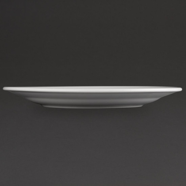Side view of Olympia Athena Wide Rimmed Plates White 254mm in a black background.