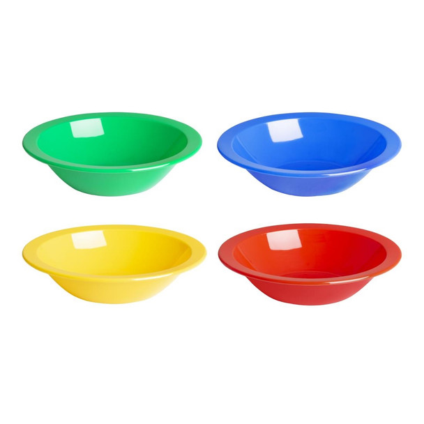 Group shot of Red, Green, Blue, and Yellow Olympia Kristallon Polycarbonate Bowls 172mm.