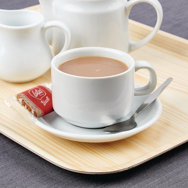 Olympia Athena Stacking Cups 7oz in a saucer with content placed on a tray with teaspoon on the side , beverage pot, and mini milk pitcher.