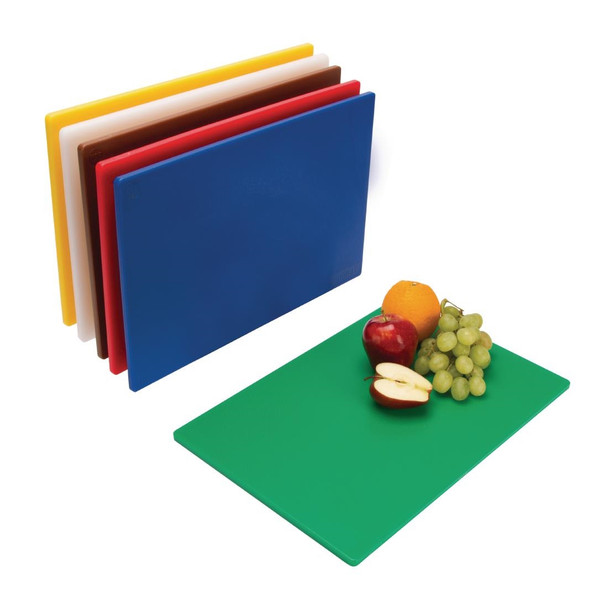 Hygiplas Low Density Chopping Board Set with Green Chopping board having fruits on it.