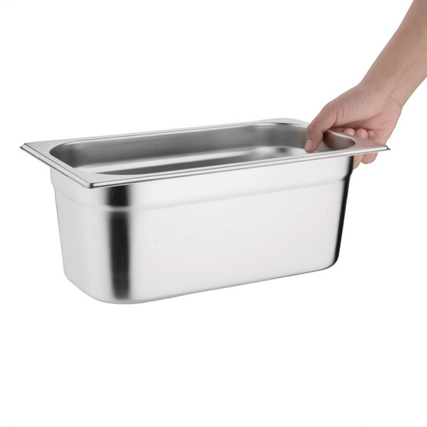 Vogue Stainless Steel 1/3 Gastronorm Pan 100mm in hand.