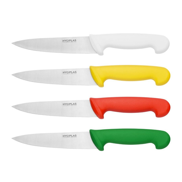 Group shot of White, Yellow, Red, and Green Hygiplas Chef Knife 16cm.