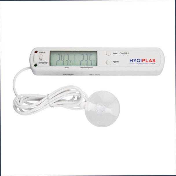 Full view of Hygiplas Fridge Freezer Thermometer With Alarm.