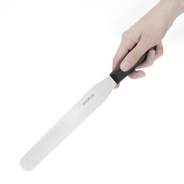 Hand holding Hygiplas Straight Blade Palette Knife Black 25.5cm.