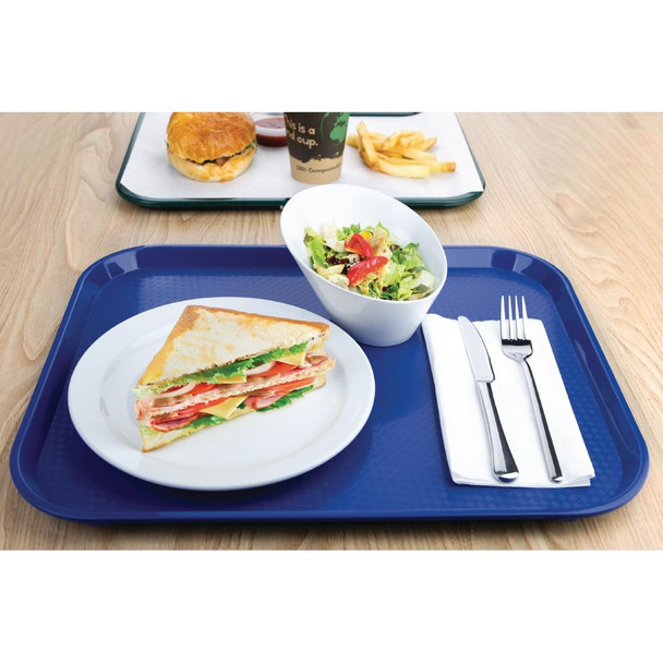 Olympia Kristallon Polypropylene Fast Food Tray Blue Large 450mm with sandwiches on table.