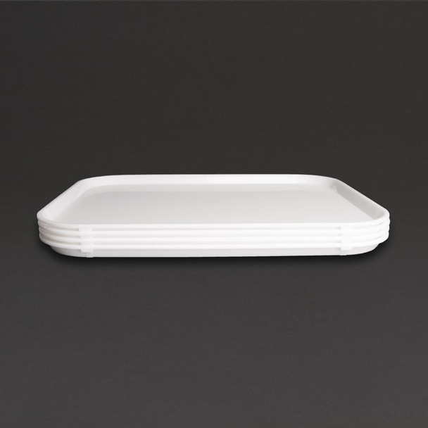 Side top view of Olympia Kristallon Polypropylene Fast Food Tray White Large 450mm.