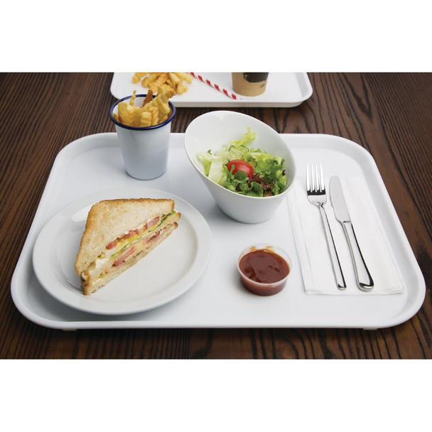 Olympia Kristallon Polypropylene Fast Food Tray White Large 450mm with foods on the table.