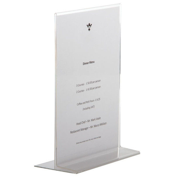 Side view of Olympia Upright Acrylic Menu Holder A4 with Menu on it.