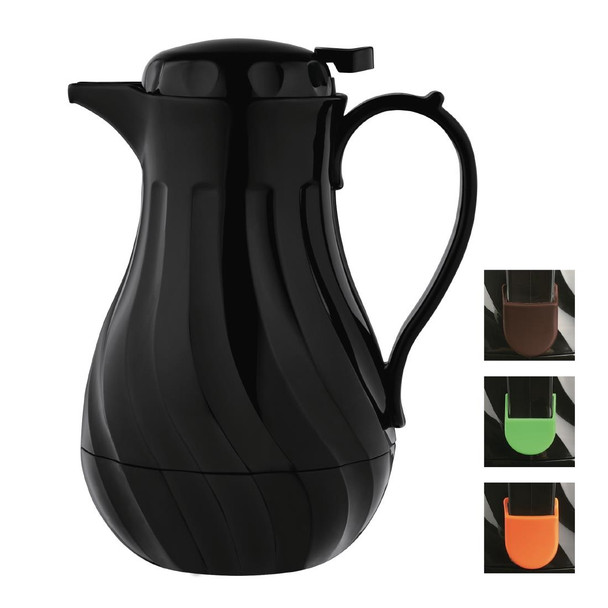 Olympia Insulated Swirl Jug Black 2Ltr with brown, green, and orange clips.