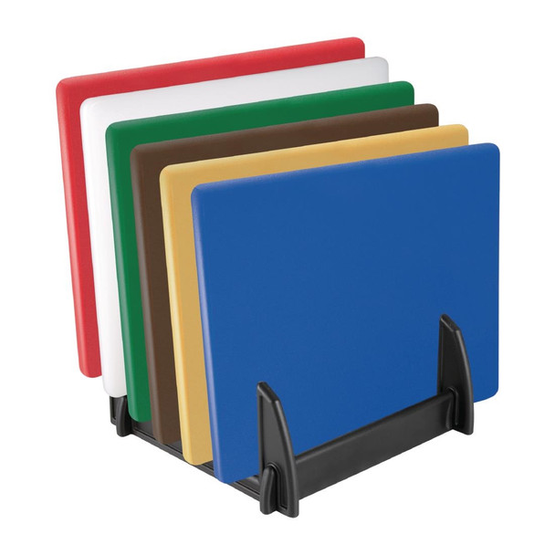 Hygiplas Black Plastic Chopping Board Rack Small with colour coded chopping boards.