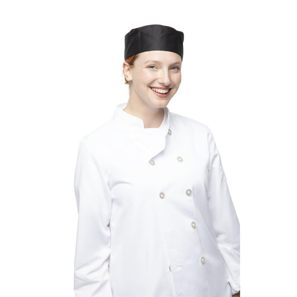 Side view of Lady Chef wearing Whites Chef Skull Cap Polycotton Black.