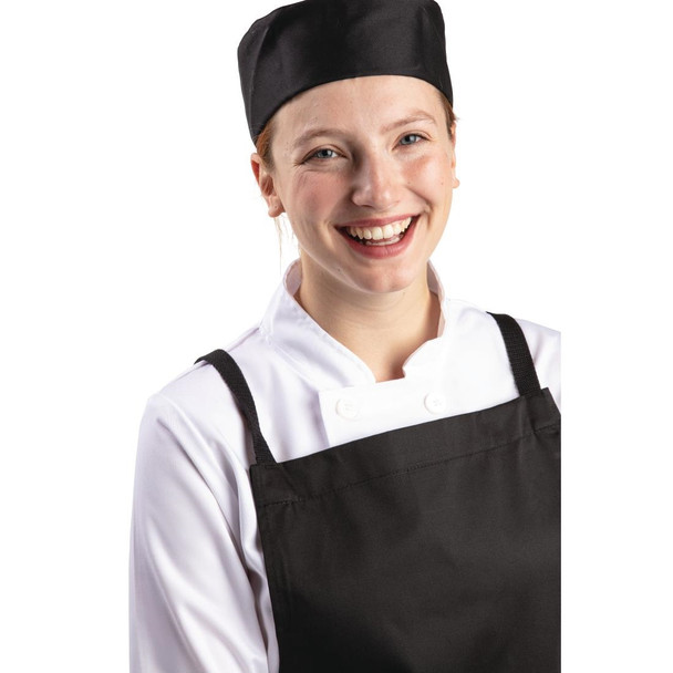 Front view of lady Chef wearing Whites Chef Skull Cap Polycotton Black.